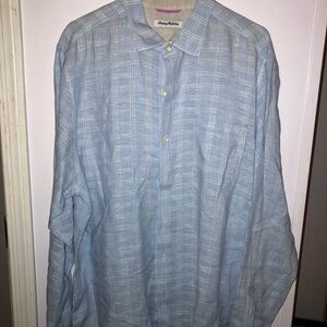 Tommy Bahama luxury dress shirt, 100% Linen , light blue with white , XL/XG